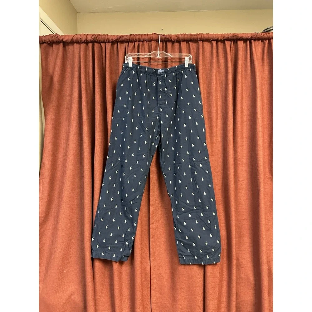POLO RALPH LAUREN Sleepwear Navy Pajama Pants Men's Medium Cream Pony All Over